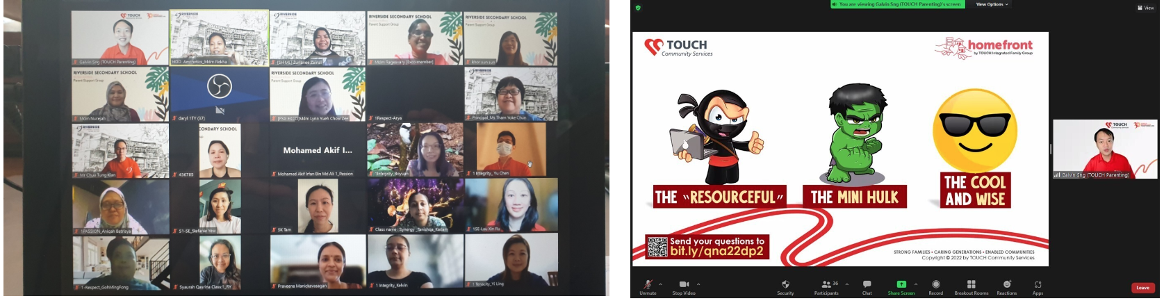 A Zoom meeting grid of participants on the left, and a shared slide showing cartoon characters labelled Resourceful, Mini Hulk, and Cool and Wise.